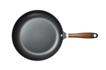 Nonstick frying pan with wooden handle. It is suitable for all types of cooktops, including induction. The pan is made of durable materials and is easy to clean.