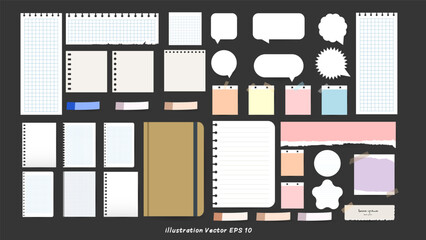 Set of lined white, notebook paper pieces stuck with sticky tape on black background, office notice or information board with appointments, Vector illustration EPS 10