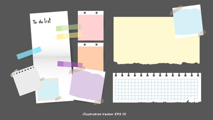 Set of lined white, notebook paper pieces stuck with sticky tape on black background, office notice or information board with appointments, Vector illustration EPS 10