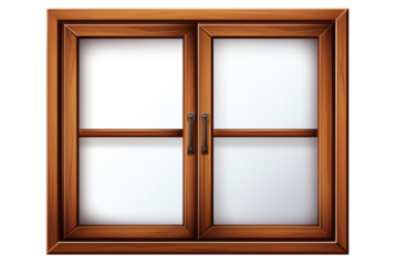 The image shows a brown wooden window frame with two glass panes