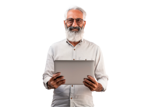 Senior Man with Tablet on Transparent Background