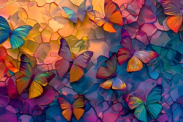 Naklejka premium Vibrant Kaleidoscopic Butterflies in Dynamic Overlapping Motion Against Enchanting Abstract Background