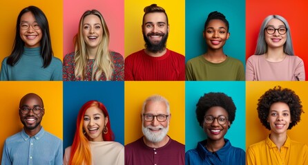 Diverse Group of Smiling People on Colorful Backgrounds