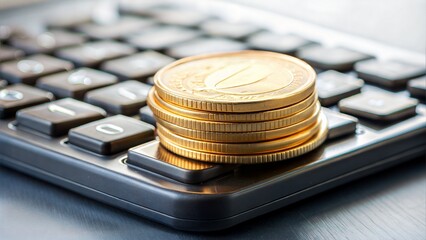 Coin with Calculator: A photo showing a coin placed next to a calculator, illustrating financial calculations, budgeting, or accounting.	
