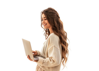 Fototapeta premium Smiling Woman with Laptop on Transparent