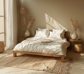 Cozy Modern Bedroom with Natural Light and Wooden Furniture