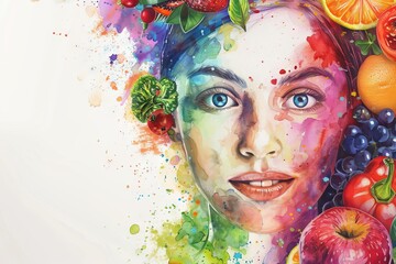 watercolor portrait of young woman with vibrant fruits and vegetables healthy eating concept