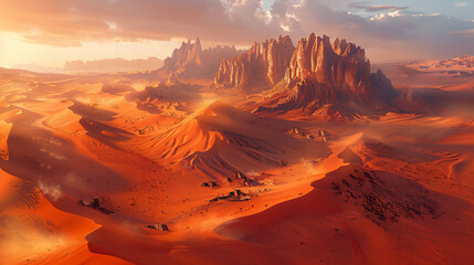 A vast desert landscape where towering sand dunes shift and change shape