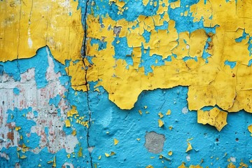 weathered wall with peeling yellow and blue paint abstract grunge background