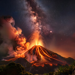 Captivating Display of Nature's Wrath: A Majestic Volcanic Eruption in the Dark of Night