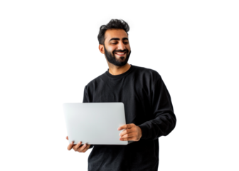 Smiling Man with Laptop on Transparent