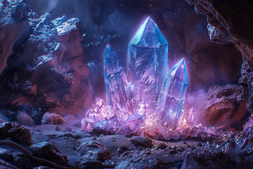 Magical blue crystal emitting a soft glow in a dark enchanted cave-2