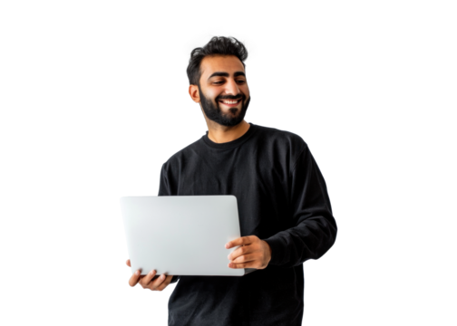 Smiling Man with Laptop on Transparent