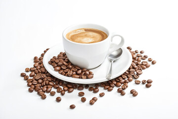 Fototapeta premium Steaming Coffee Cup Surrounded by Roasted Coffee Beans