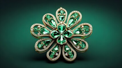 Lucky clover shaped sparkling diamond emerald. Crystal ornate jewelry design. Intricate luxury green gem. St. Patrick's Day, Generative AI

