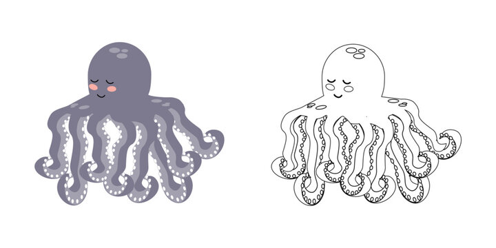 Cute purple octopus character, sea animal. Vector cartoon illustration for children's coloring books, outline and example in color.