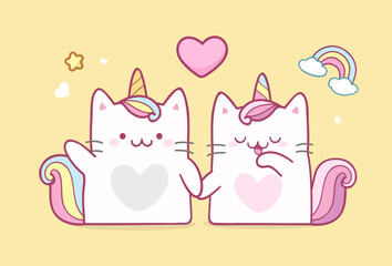 Couple Cute Cat Unicorn in pastel color style vector card template. Cartoom unicorns kitten boy and girl sitting together for greeting card, and apparel print design