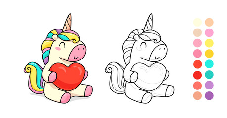 Vector coloring page with Baby Unicorn Pony hug Red Heart. Rainbow Pony Unicorn in love for coloring page template with color palette. Coloring book for kids. kids apparel print design