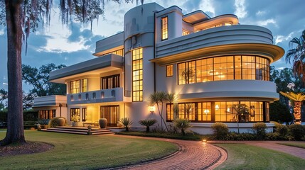 Modern Art Deco Mansion at Night.A spacious, elegantly lit Art Deco mansion during the night,...