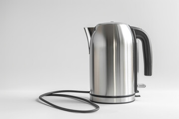 A stainless steel electric kettle with a removable power cord and a safety locking lid isolated on a solid white background.