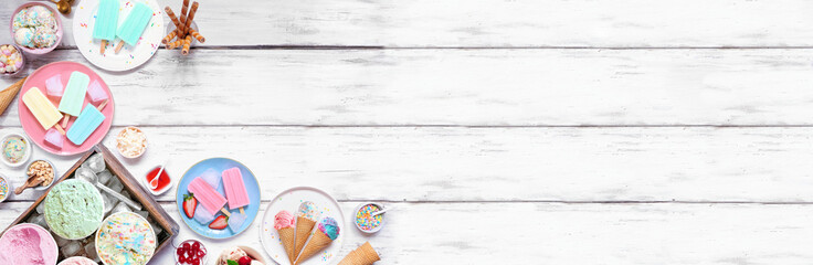 Cool summer food corner border. Collection of ice cream, popsicles and frozen treats. Pastel...
