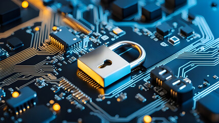 Cyber security service concept of computer mainboard close up and safety lock