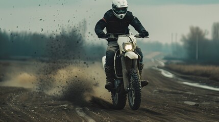 A man riding a dirt bike on a dusty dirt road