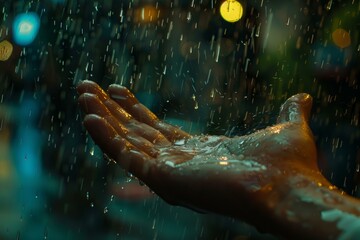 Fototapeta premium Closeup of a person's hand catching raindrops against a bokeh light background at night
