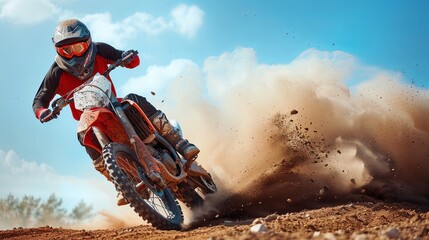 A person energetically riding a dirt bike on a rugged dirt track