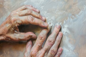 Closeup of a sculptor's hands intricately shaping clay on a textured canvas