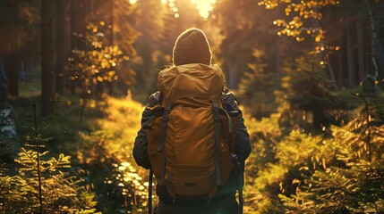 Woman with backpack walking through forest during sunset