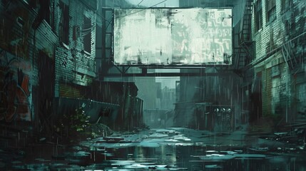 Eerie watercolor of a blank billboard in a dark alley, the rain creating a steady rhythm on the rooftops and puddles