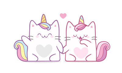 Couple Cute Cat Unicorn in pastel color style vector illustration. Cartoom unicorns kitten boy and girl sitting together for greeting card, and apparel print design