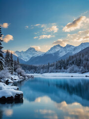 Winter Wonderland, Serene Landscape with Icy Blue Lake and Snow-Capped Peaks.