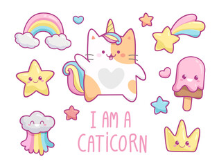 Kawaii funny Cat Unicorn with elements in pastel color style vector set. Cute ginger Kitten Unicorn with funny kawaii ice cream, cloud, rainbow, heart, happy star etc
