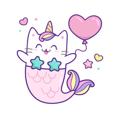 Kawaii Mermaid Cat Unicorn with heart balloon in pastel color style vector. Cute cartoon Kitten Unicorn with fish tail.  Happy Mermaid Unicorn for greeting card design, kids, apparel prints