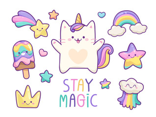Kawaii Baby Cat Unicorn with elements in pastel color style vector set. Cute cartoon Kitten Unicorn with funny kawaii ice cream, cloud, rainbow, heart, happy star etc for pattern design