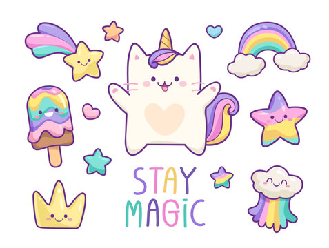 Naklejki Kawaii Baby Cat Unicorn with elements in pastel color style vector set. Cute cartoon Kitten Unicorn with funny kawaii ice cream, cloud, rainbow, heart, happy star etc for pattern design