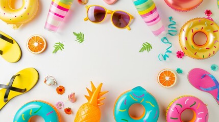 frame of summer vibes concept with colorful pool party items