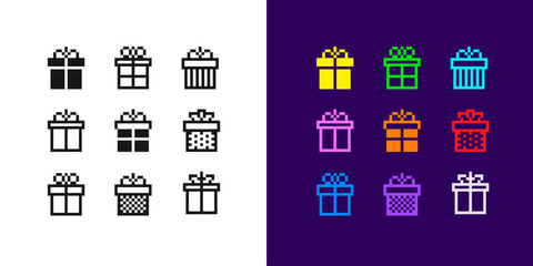 Pixel Gift Box vector icon collection amd Pop Art poster. Pixel Art Gift Box silhouette sign and pictogram in retro game style. Editable pixel graphics gift boxe icon silhouette set isolated on white