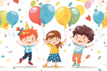 Fototapeta premium Cute Kids Celebrating Birthday With Colorful Balloons Illustration