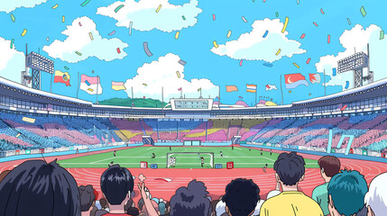 Soft Power in sports, international sports event, diverse athletes, global competition, unity through sports, vibrant stadiums
