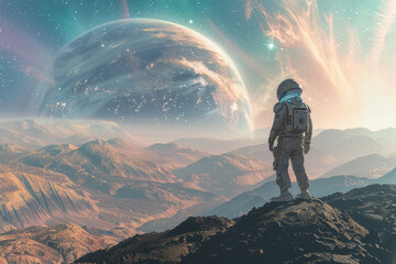 An astronaut stands on an alien planet, looking at the horizon with mountains and stars in the sky, against the background of huge Earth-like planets