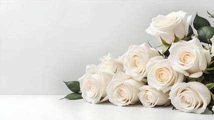 Fototapeta premium White Roses Blossom in corner on Blank White Empty Background Copy Space, Generative AI illustration