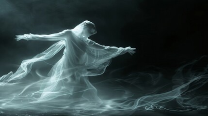 A ghostly figure is flying through the air, surrounded by a hazy mist