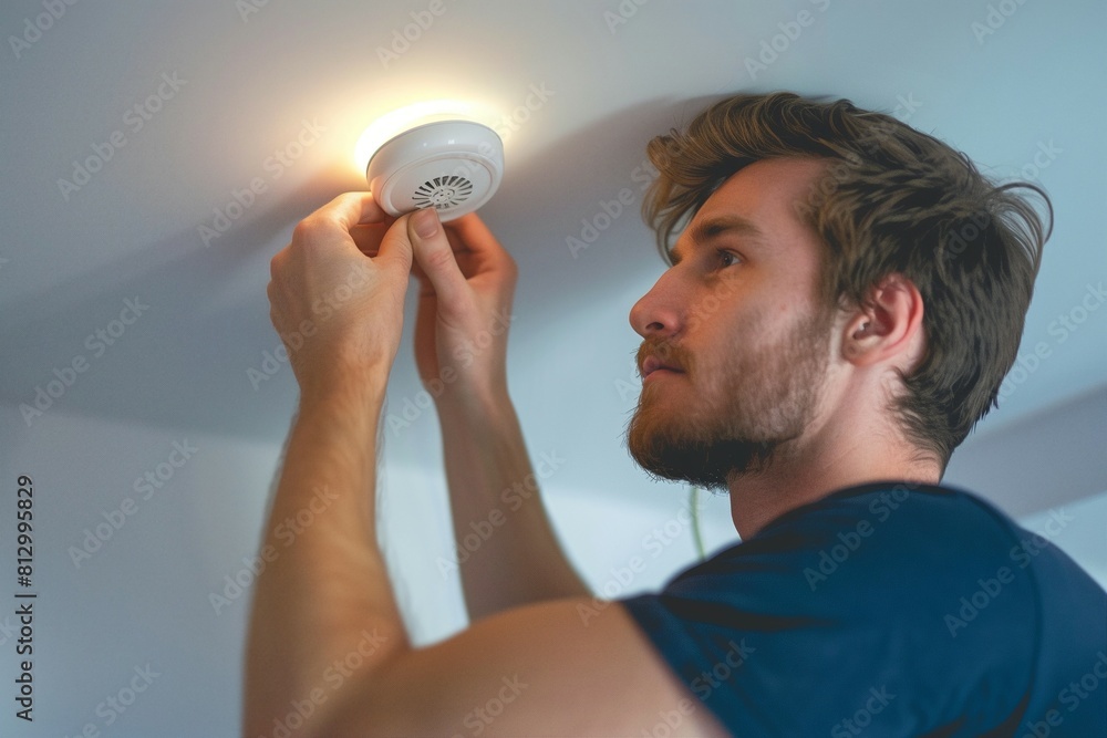 Poster a focused man is captured in the midst of installing a smoke detector, ensuring safety within the pr