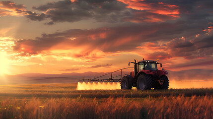 Fototapeta premium Tractor spraying pesticides on wheat field with sprayer at sunset.