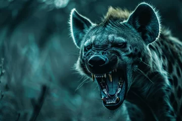  Closeup of an intimidating spotted hyena snarling in a moody, dark setting © anatolir