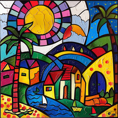 painting of a colorful landscape with a sun and palm trees