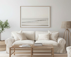 arafed white couch with pillows and a coffee table in a living room
